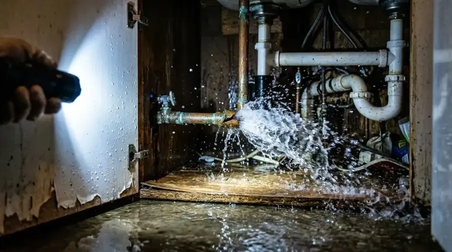 Water spraying from a broken pipe joint inside a sink cabinet lit by a flashlight