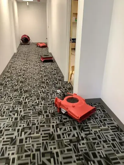 Air movers drying the carpet of a long commercial hallway